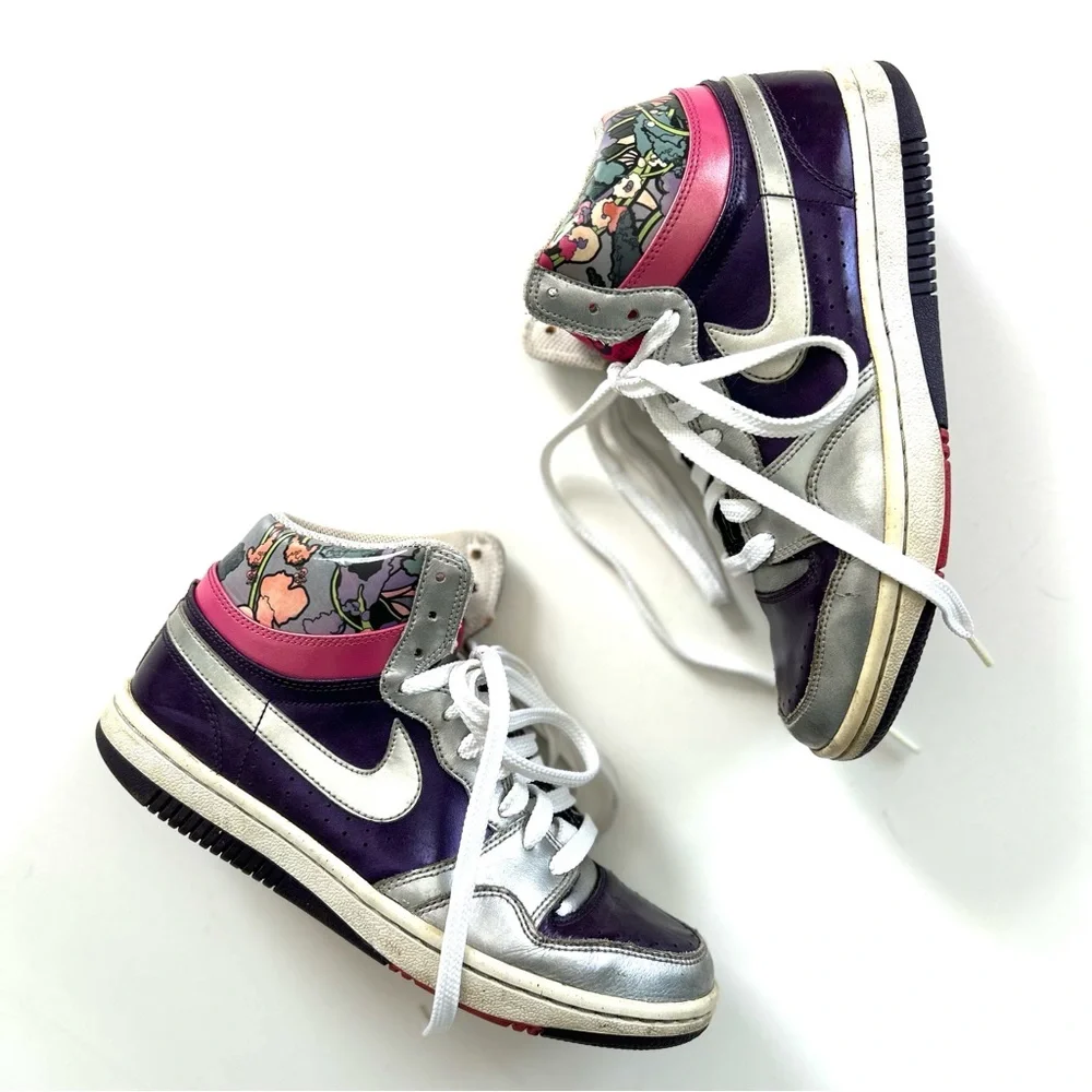 Nike Silver, Pink, Purple Floral Print Court Force Hi Top Sneaker Shoes